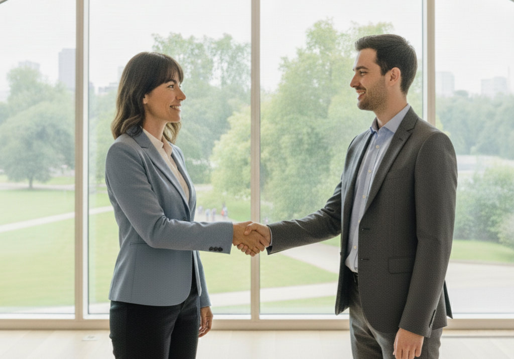 Professionals shaking hands in office